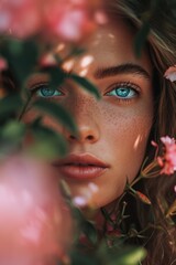 Poster - Close up of a woman's face surrounded by beautiful flowers. Perfect for nature, beauty, and spring-themed projects