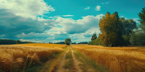 Poster - A scenic dirt road running through a beautiful wheat field. This image can be used to depict rural landscapes or agricultural themes