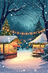Poster - A winter scene featuring a bustling Christmas market under the falling snow. Perfect for holiday-themed designs and winter promotions