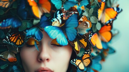 Poster - A woman with butterflies perched delicately on her head. Perfect for nature-themed designs or artistic projects
