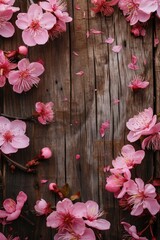 Poster - A bunch of pink flowers on a wooden surface. Perfect for adding a touch of natural beauty to any project