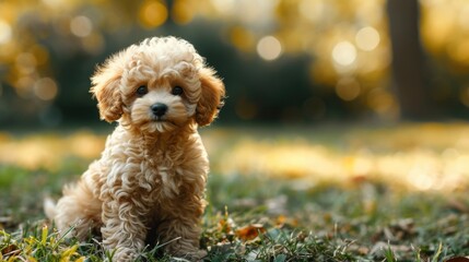 Aufkleber - A small brown dog sitting in the grass. Perfect for pet lovers and outdoor enthusiasts
