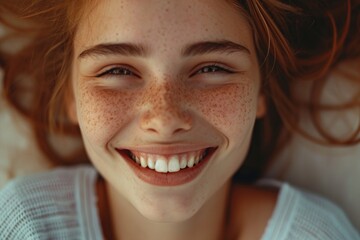 Canvas Print - A close-up image showcasing the unique beauty of a woman with freckles. This picture can be used in various projects to celebrate individuality and natural beauty