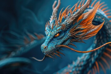 Poster - A close-up view of a dragon with vibrant orange and blue colors. Perfect for fantasy-themed designs and illustrations