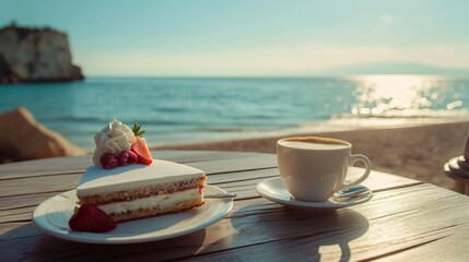 Poster - A delicious piece of cake is placed on a plate next to a steaming cup of coffee. Perfect for food and beverage related projects