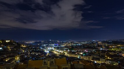 Wall Mural - Lisbon after sunset aerial panorama of city centre with red roofs at Autumn day to night transition timelapse, Portugal. Top view from Miradouro da Nossa Senhora do Monte viewpoint