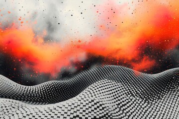 Poster - Monochromatic Symphony of Light and Data: Abstract Waves Formed by Dynamic Particles in a Seamless Digital Pattern, Generative AI