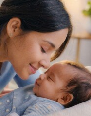 Loving mom carying of her newborn baby at home. Bright portrait of happy mum holding sleeping infant child on hands