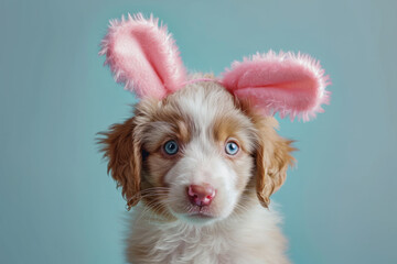 Wall Mural - Portrait of a cute puppy wearing easter bunny ears. Happy easter concept