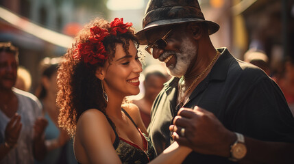 Joyful mixed race couple dancing on the street, smiling, and feeling the connection. Heartwarming social dance, street performance. Mature man dancing with a younger woman. Latin American traditions.