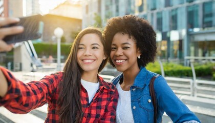 Wall Mural - Two young women, genuine friends, taking a candid selfie in an urban setting