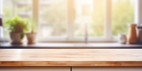 Poster - Blurred kitchen window background with wooden table top.