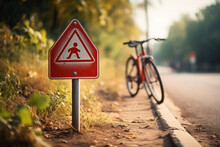 Traffic Sign On A Country Road With A Bicycle In The Background