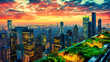 City Skyline at Sunset, Aerial Panoramic View, Urban Architecture, Downtown Skyscrapers, Evening Scene