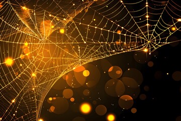 Golden Spider Web with Bokeh Lights on Black Halloween Background