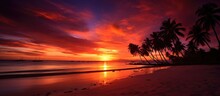 With Selective Focus, A Stunning View Of A Dramatic Sunset Serves As The Backdrop, While The Silhouette Of Coconut Palm Trees Captivate In The Foreground On White Beach.