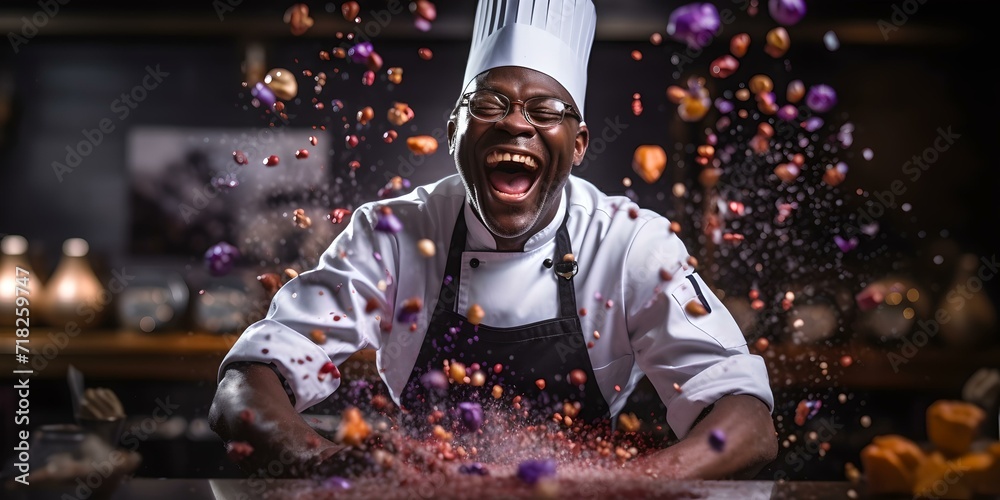 Joyful chef in action, cooking with passion in a dark kitchen. culinary ...