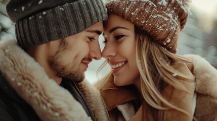 Wall Mural - Beautiful young couple in winter clothes looking at each other and smiling