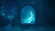 Mystical window with crescent moon in night sky Generative Ai