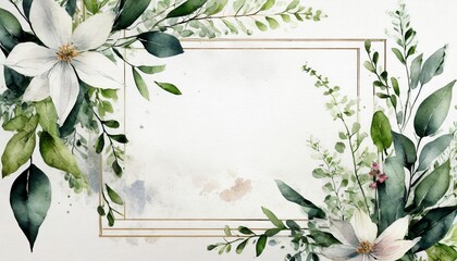 ready to use card herbal watercolor invitation design with leaves flower and watercolor background floral elements botanic watercolor illustration template for wedding frame