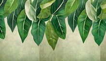 Topical Leaves Hanging From The Top Large Leaves Art Drawing On A Texture Background Photo Wallpaper In The Room