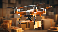 A Drone Is Flying In Front Of Boxes And Boxes From Warehouse