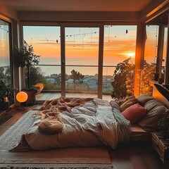 Wall Mural - Serene Sunset View with Cozy Bedroom Decor