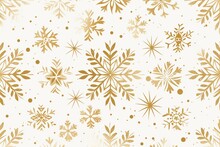 Seamless Pattern With Abstract Golden Floral Geometric Shapes, Snowflake Silhouettes. Minimalist Gold And Beige Vector Background. Simple Elegant Minimal Texture. Repeat Geo Design For Decor, Print