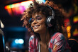 Portrait of curly hair hosting girl with glasses and headphones