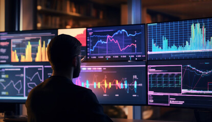 Graphs on a large monitor. A man analyzes information on a monitor. Big data technology and data science. Scientist man in the laboratory.