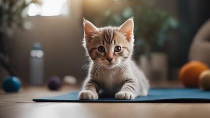 Wall Mural - cat on a yoga mat A playful kitten with a mischievous look, attempting a downward dog pose on a yoga mat,  