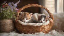 Little Kitten In Basket Serene Snapshot Of A Sleepy   Kittens Cuddled Up Together In A Cozy Wicker Basket,  
