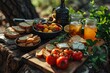 A rustic table overflowing with a variety of cheeses, fresh fruits and homemade preparations, nestled in the forest at sunset. Concept: farm products and sustainable tourism
