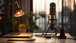 © Bhanuka - Sound and voice recording home studio with nobody for podcast on background with table lamp lighting