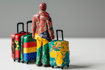 Wall Mural - figure of human refugee with suitcases coloring with different world flags of countries