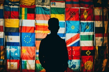 Sticker - figure of human refugee with suitcases coloring with different world flags of countries