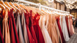 © FlyStun - Robe de soirée, tenues élégantes sur des portants et cintres. Vêtement, luxe, haute couture. Magasin, habits, mode. Pour conception et création graphique.