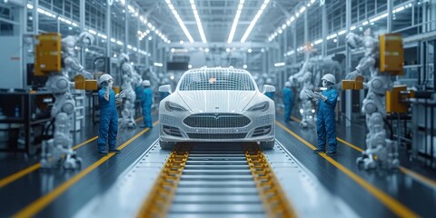 Aufkleber - Engineering Marvel: A Luxurious Sports Car on the Assembly Line, Illuminated by the Precision of Automotive Manufacturing, Generative AI