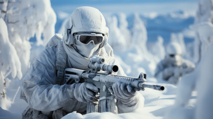 Special forces soldier with assault rifle in snowy forest.