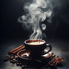 hot coffee and smoke on dark background