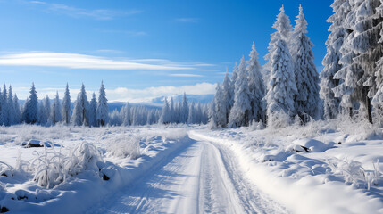 Poster - winter panorama on the road through coniferous forest. Winter landscape