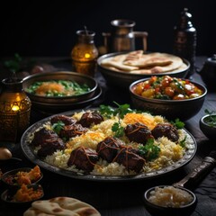 Wall Mural - A picture of Traditional Eastern Asian Arabic food on table Generative AI
