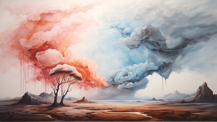 Wall Mural - A surreal, dreamlike landscape painting with a mysterious, glowing stain on a blank white sky, evoking a sense of wonder and curiosity.