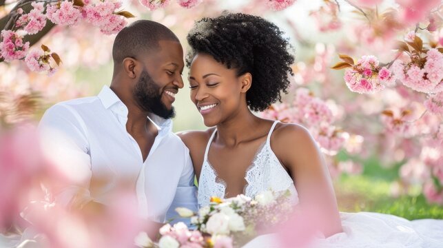 A black man and woman sitting on grass under pink flowers, AI
