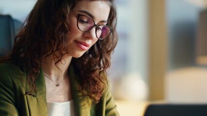 Wall Mural - Woman employee typing laptop at office desk close up. Smart woman working online