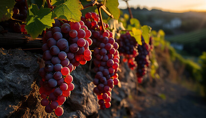 Sticker - Fresh grape bunches hanging on vineyard branches in autumn generated by AI