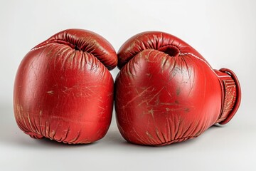 Poster - Red boxing gloves isolated on white background. Concept of boxing equipment, combat sports gear, training accessory, and worn athletic items.