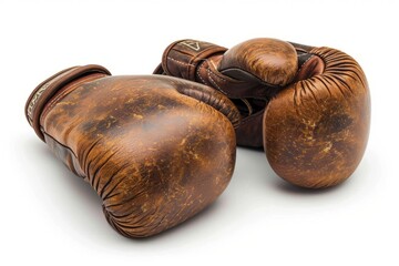 Wall Mural - Pair of brown boxing gloves isolated on white background. Concept of boxing equipment, combat sports gear, training accessory, and worn athletic items.