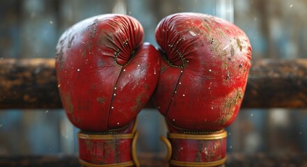 Wall Mural - Red boxing gloves hanging on a rusty rope with a corroded metal backdrop. Concept of resilience in sports, the passage of time in athletic gear, and the legacy of boxing.