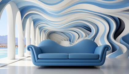 Wall Mural - Modern blue design indoors with comfortable sofa and elegant decoration generated by AI